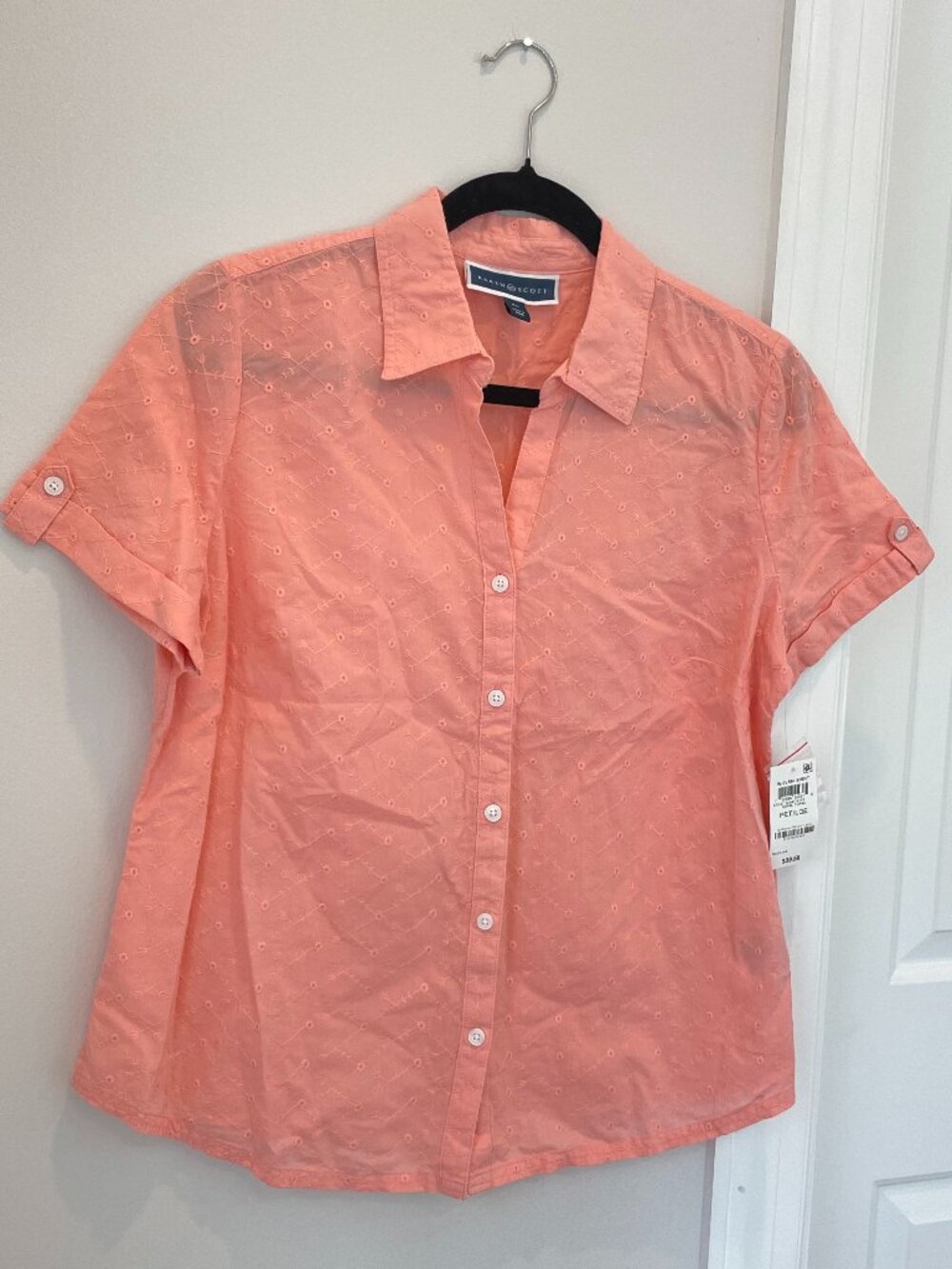 NWT Karen Scott Coral Pink Eyelet Blouse 100% Cotton